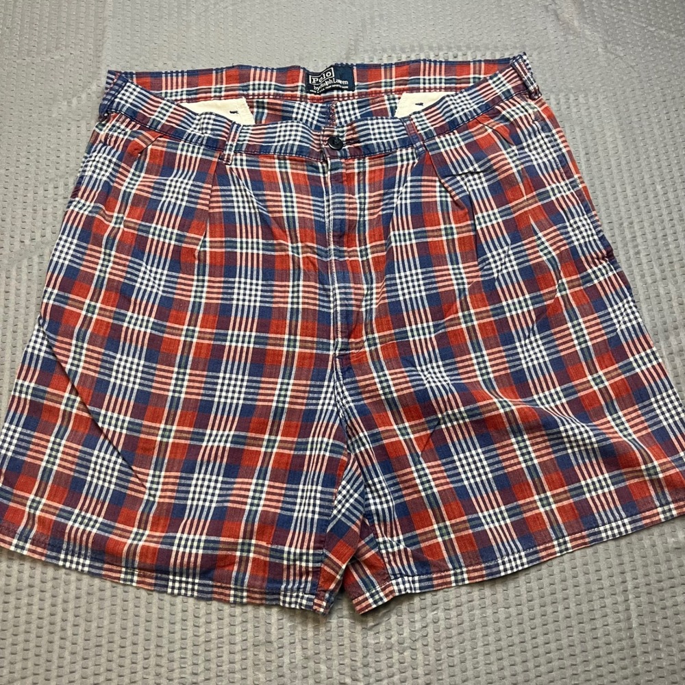 Polo by Ralph Lauren Mens Plaid Pleated Shorts Red Blue White Green Cotton Sz 34